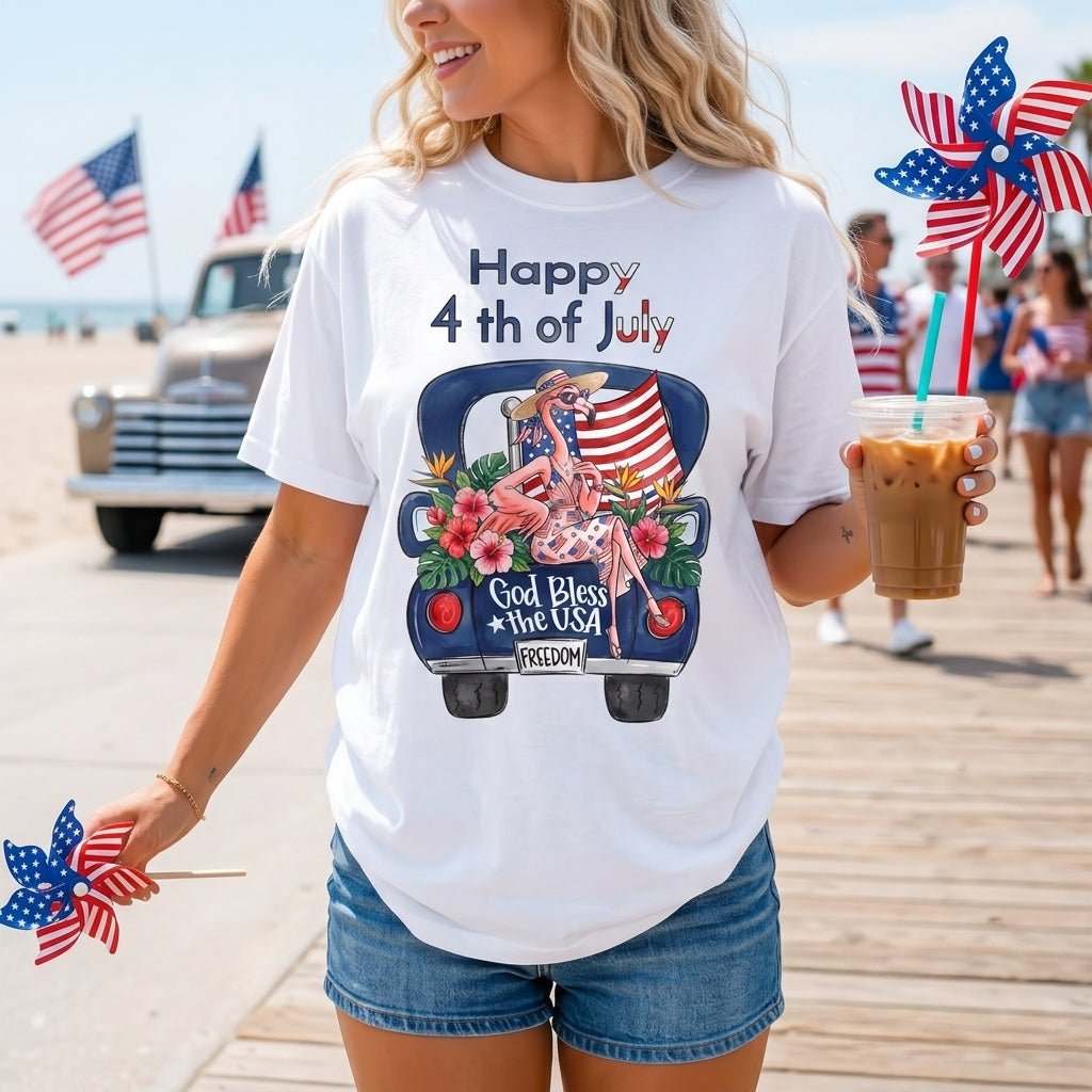 Happy 4th of July God Bless The USA Flamingo Truck Patriotic Shirt - FlamingoAholic