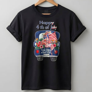 Happy 4th of July God Bless The USA Flamingo Truck Patriotic Shirt - FlamingoAholic