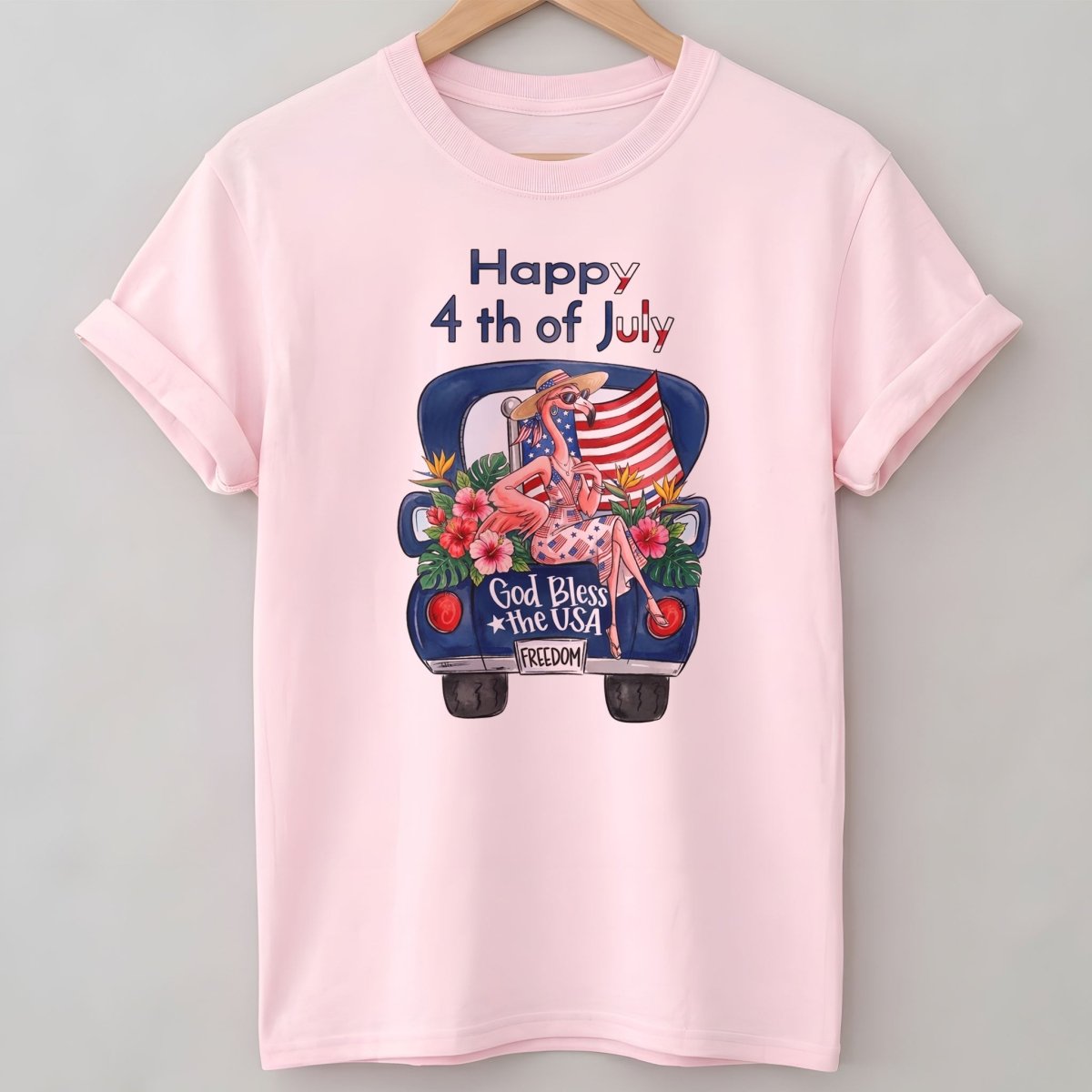 Happy 4th of July God Bless The USA Flamingo Truck Patriotic Shirt - FlamingoAholic