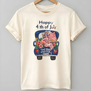 Happy 4th of July God Bless The USA Flamingo Truck Patriotic Shirt - FlamingoAholic