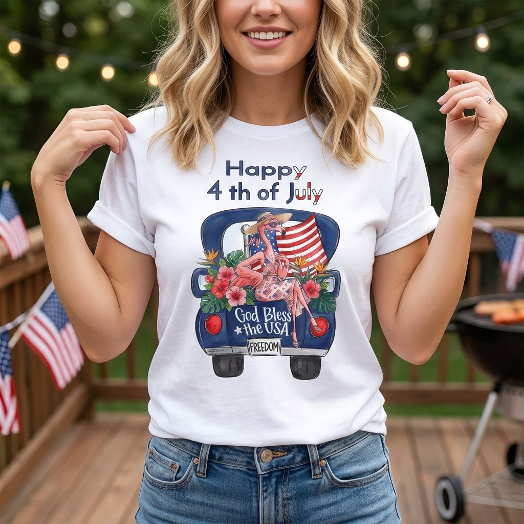Happy 4th of July God Bless The USA Flamingo Truck Patriotic Shirt - FlamingoAholic