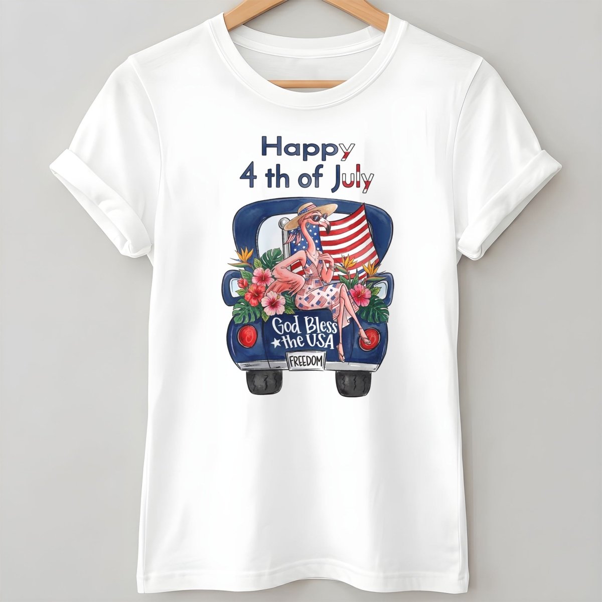 Happy 4th of July God Bless The USA Flamingo Truck Patriotic Shirt - FlamingoAholic