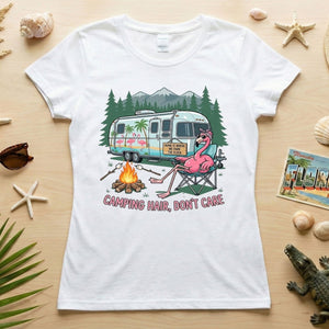 Hilarious Flamingo RV Camping T-Shirt - "Camping Hair, Don't Care" Trip Tee - FlamingoAholic
