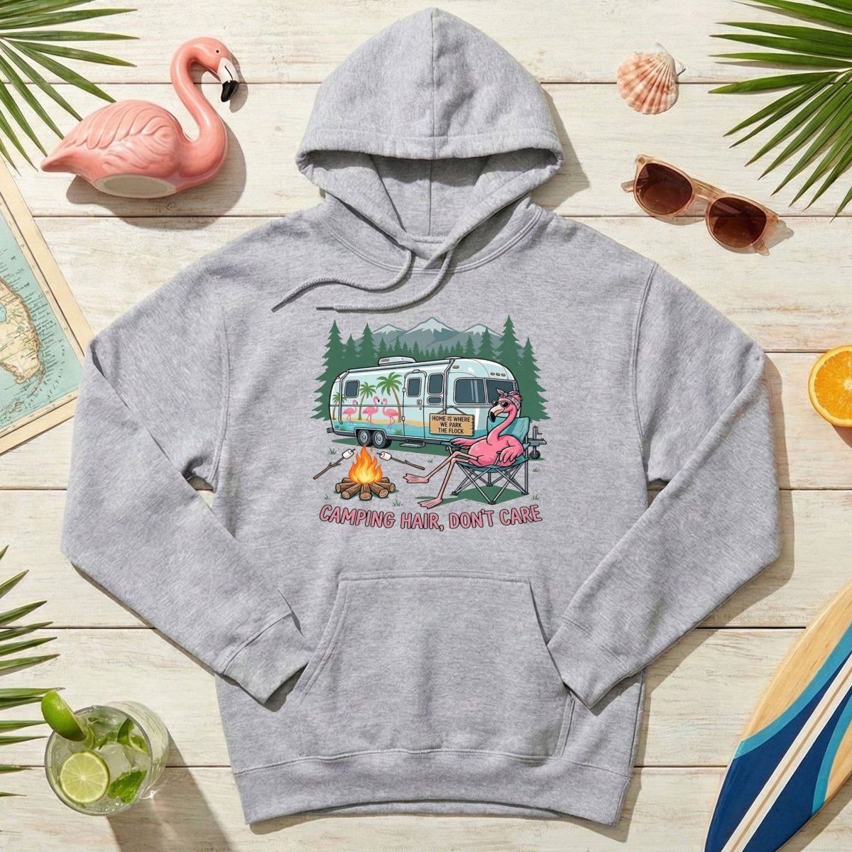 Hilarious Flamingo RV Camping T-Shirt - "Camping Hair, Don't Care" Trip Tee - FlamingoAholic