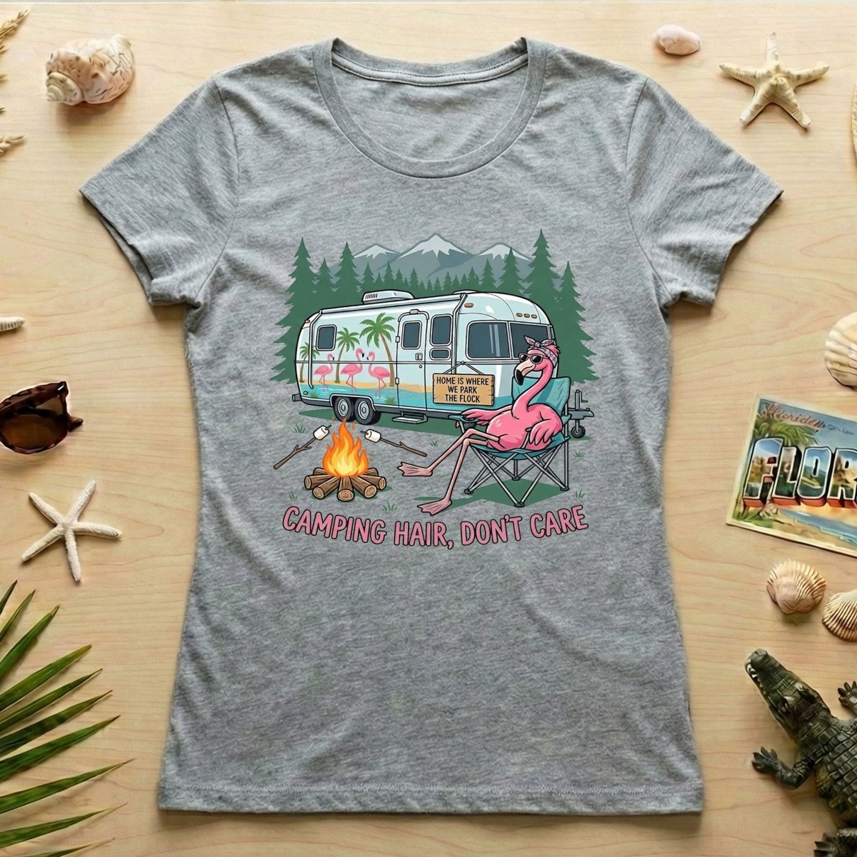 Hilarious Flamingo RV Camping T-Shirt - "Camping Hair, Don't Care" Trip Tee - FlamingoAholic