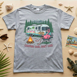 Hilarious Flamingo RV Camping T-Shirt - "Camping Hair, Don't Care" Trip Tee - FlamingoAholic