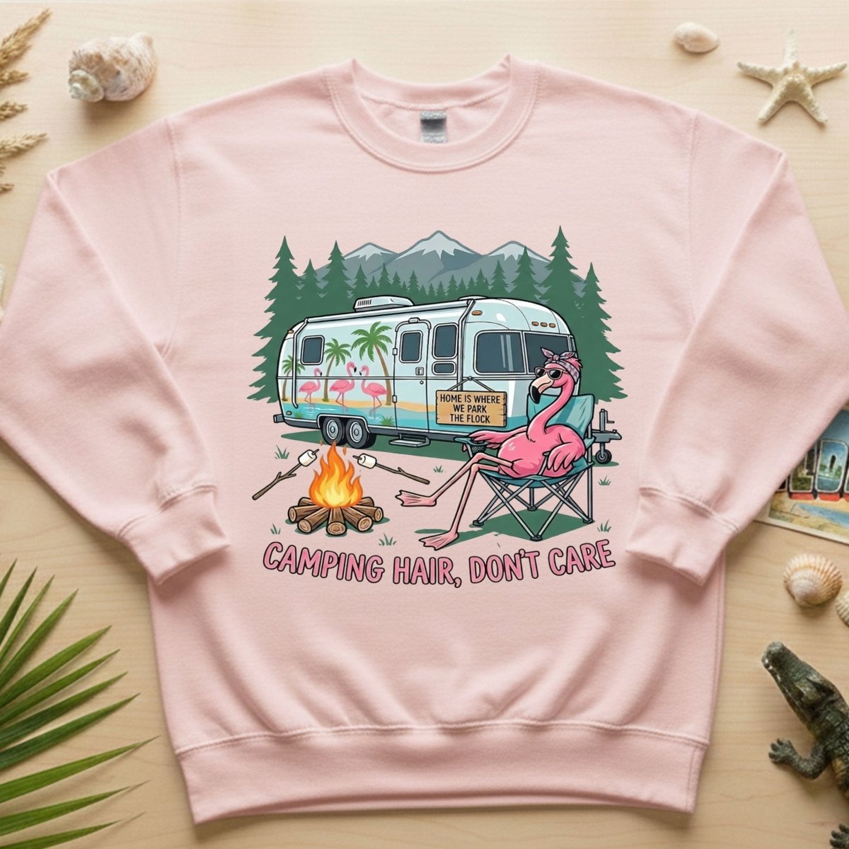 Hilarious Flamingo RV Camping T-Shirt - "Camping Hair, Don't Care" Trip Tee - FlamingoAholic