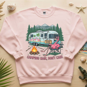 Hilarious Flamingo RV Camping T-Shirt - "Camping Hair, Don't Care" Trip Tee - FlamingoAholic