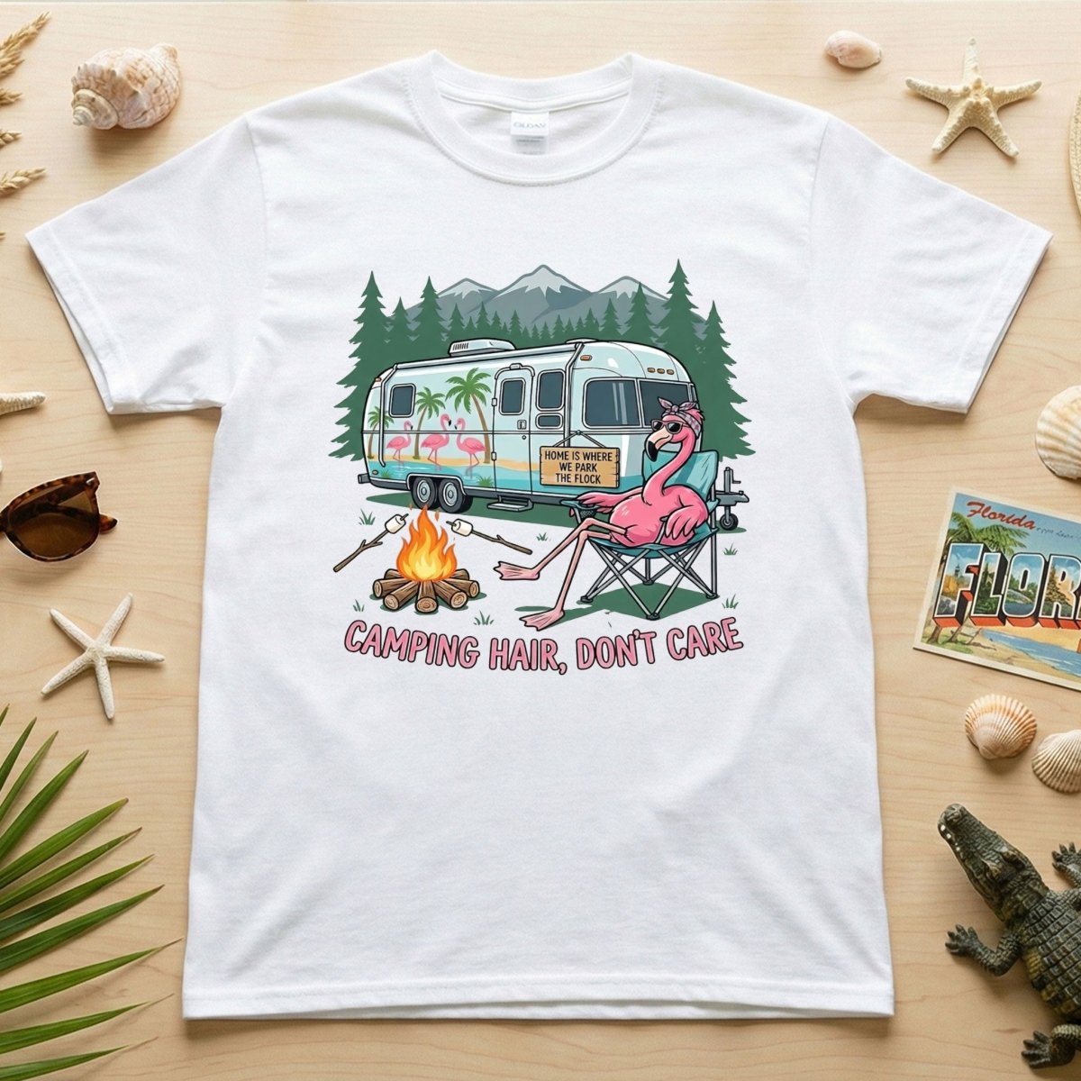 Hilarious Flamingo RV Camping T-Shirt - "Camping Hair, Don't Care" Trip Tee - FlamingoAholic