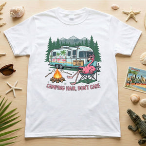 Hilarious Flamingo RV Camping T-Shirt - "Camping Hair, Don't Care" Trip Tee - FlamingoAholic
