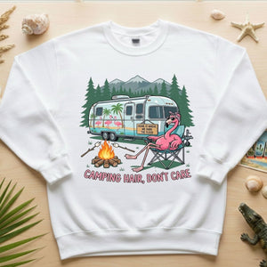 Hilarious Flamingo RV Camping T-Shirt - "Camping Hair, Don't Care" Trip Tee - FlamingoAholic