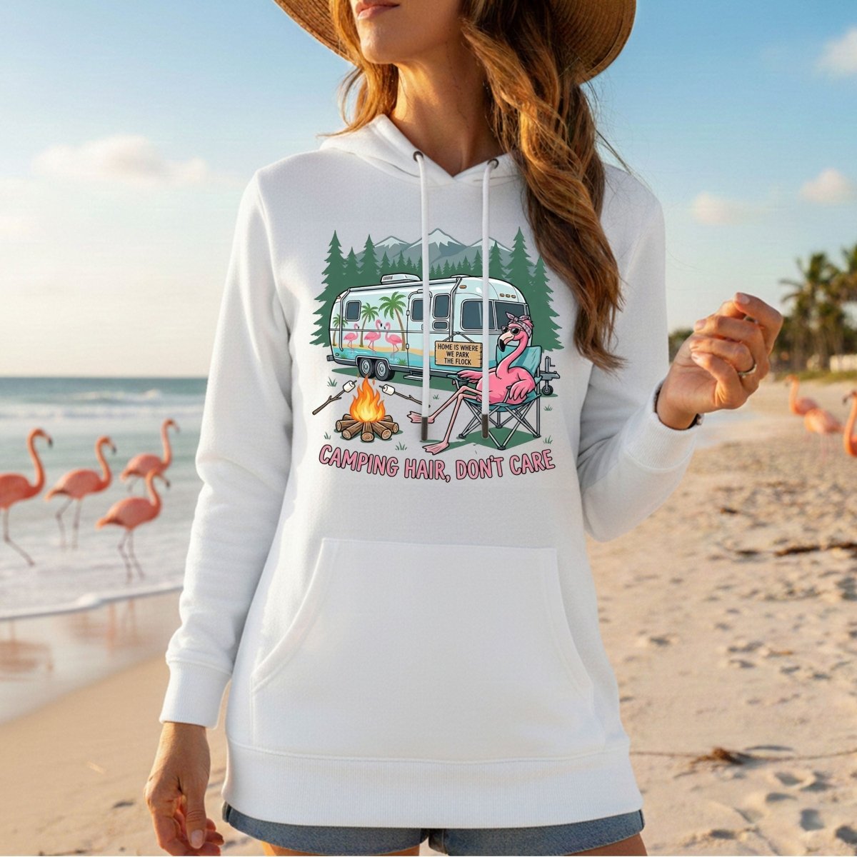 Hilarious Flamingo RV Camping T-Shirt - "Camping Hair, Don't Care" Trip Tee - FlamingoAholic