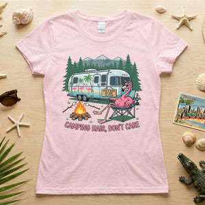 Hilarious Flamingo RV Camping T-Shirt - "Camping Hair, Don't Care" Trip Tee - FlamingoAholic