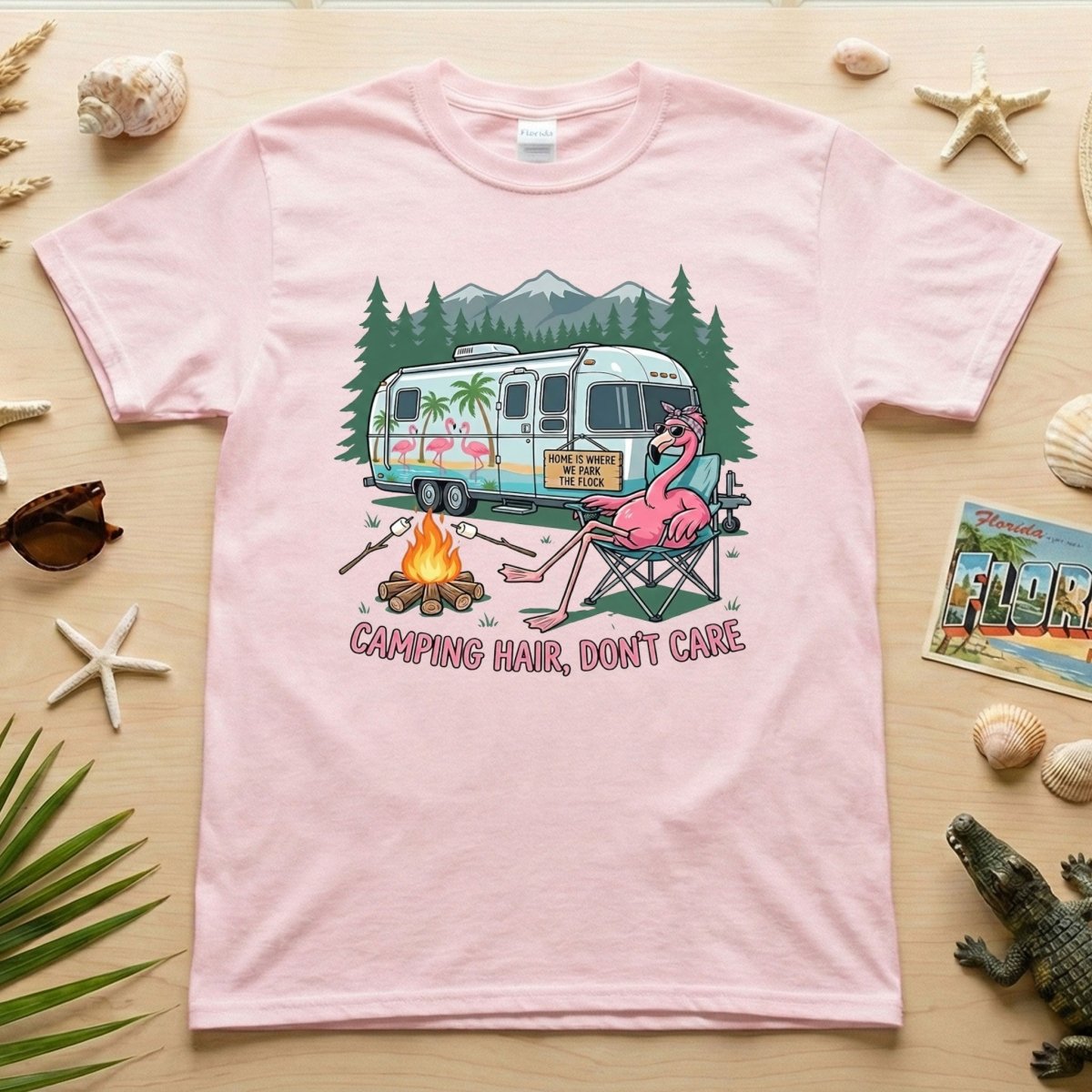 Hilarious Flamingo RV Camping T-Shirt - "Camping Hair, Don't Care" Trip Tee - FlamingoAholic