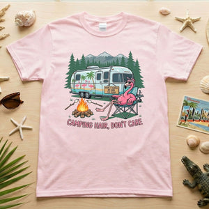 Hilarious Flamingo RV Camping T-Shirt - "Camping Hair, Don't Care" Trip Tee - FlamingoAholic