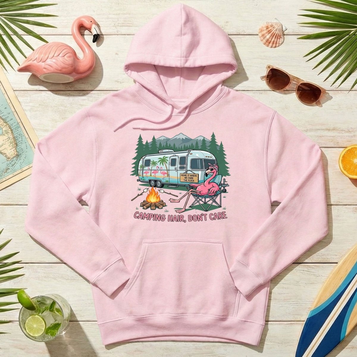 Hilarious Flamingo RV Camping T-Shirt - "Camping Hair, Don't Care" Trip Tee - FlamingoAholic