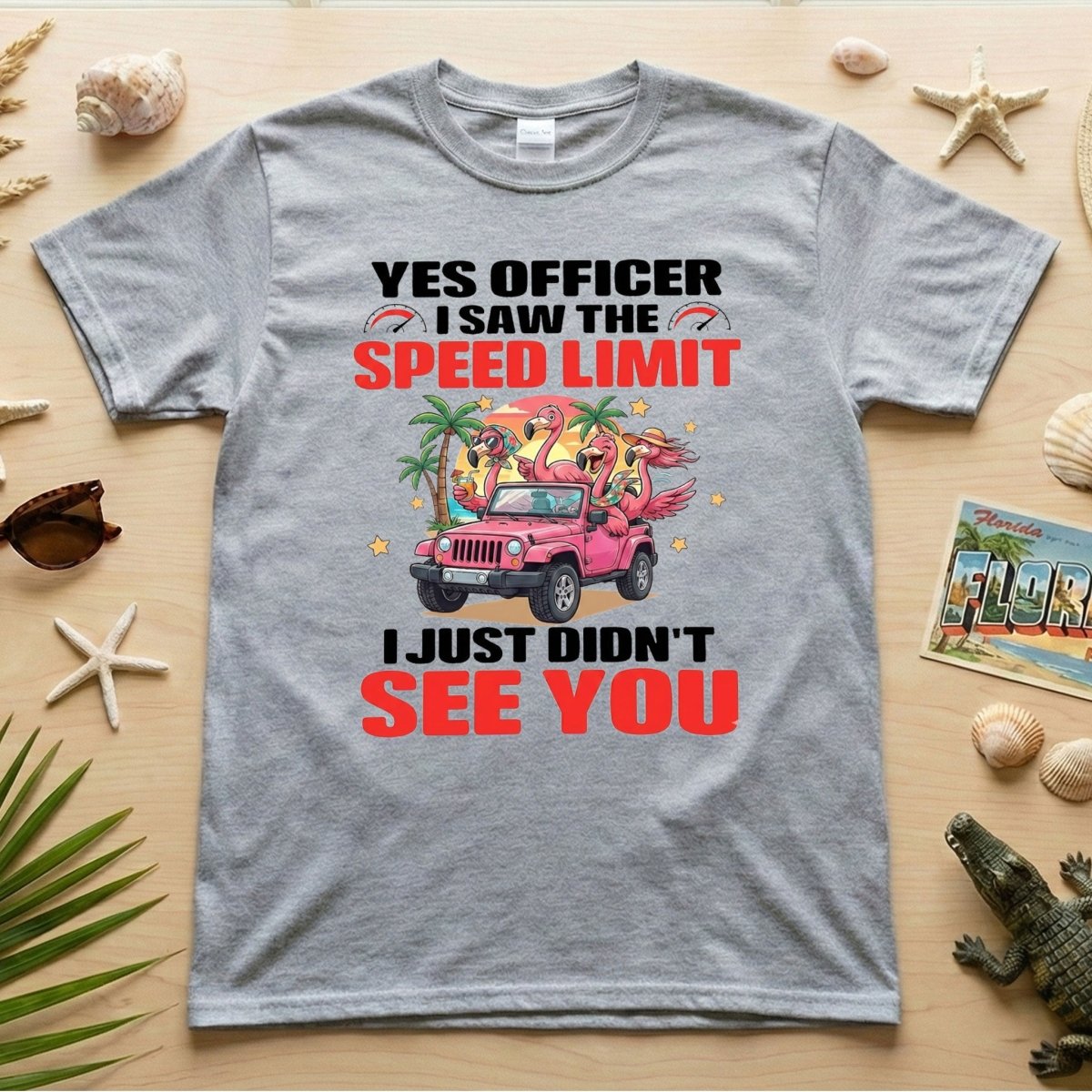 Hilarious Flamingo Speeding T-Shirt - Sarcastic Tropical Jeep Graphic Tee - FlamingoAholic