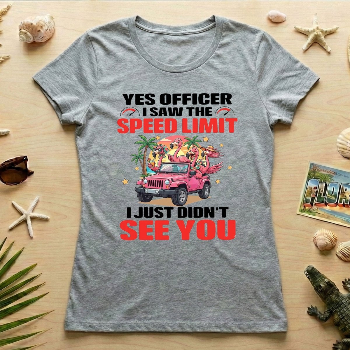 Hilarious Flamingo Speeding T-Shirt - Sarcastic Tropical Jeep Graphic Tee - FlamingoAholic