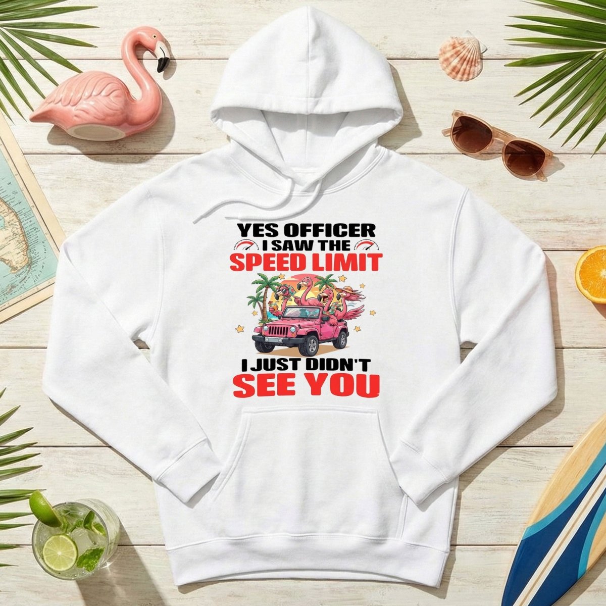 Hilarious Flamingo Speeding T-Shirt - Sarcastic Tropical Jeep Graphic Tee - FlamingoAholic