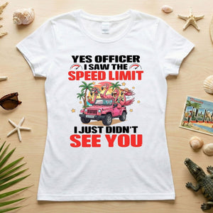 Hilarious Flamingo Speeding T-Shirt - Sarcastic Tropical Jeep Graphic Tee - FlamingoAholic