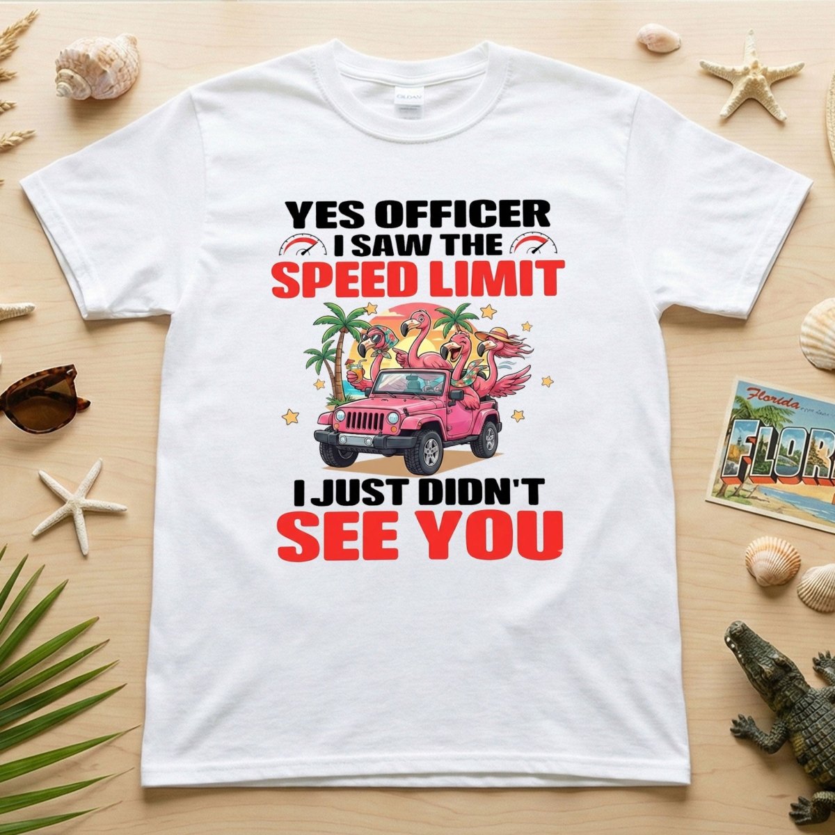 Hilarious Flamingo Speeding T-Shirt - Sarcastic Tropical Jeep Graphic Tee - FlamingoAholic