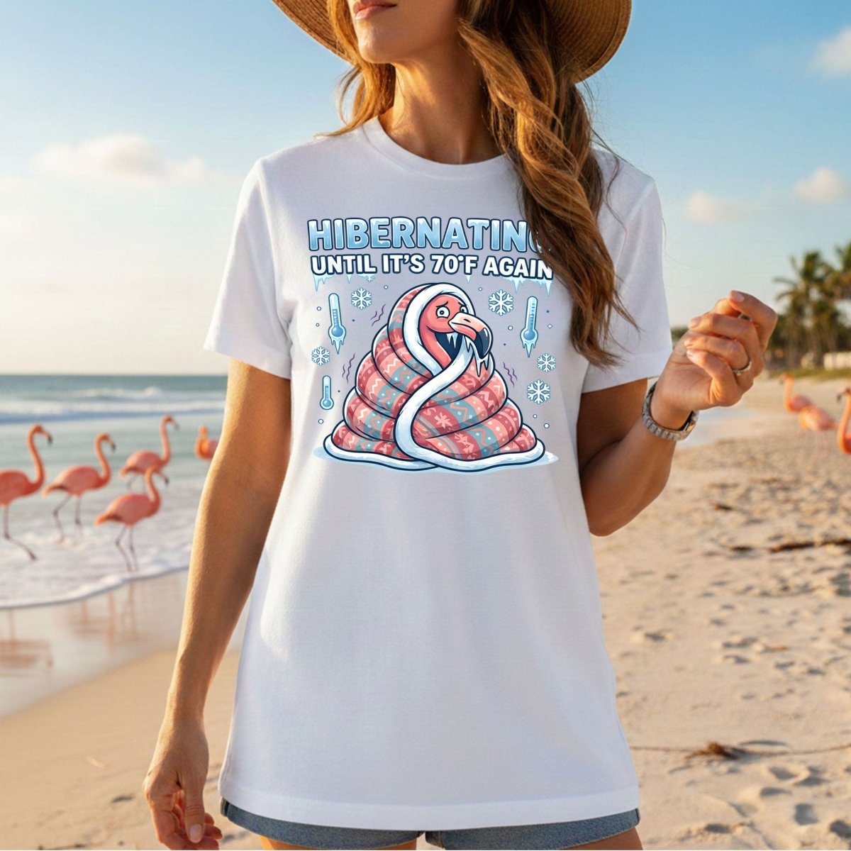 Hilarious Hibernating Flamingo Shirt - Waiting for 70°F Weather Again - FlamingoAholic