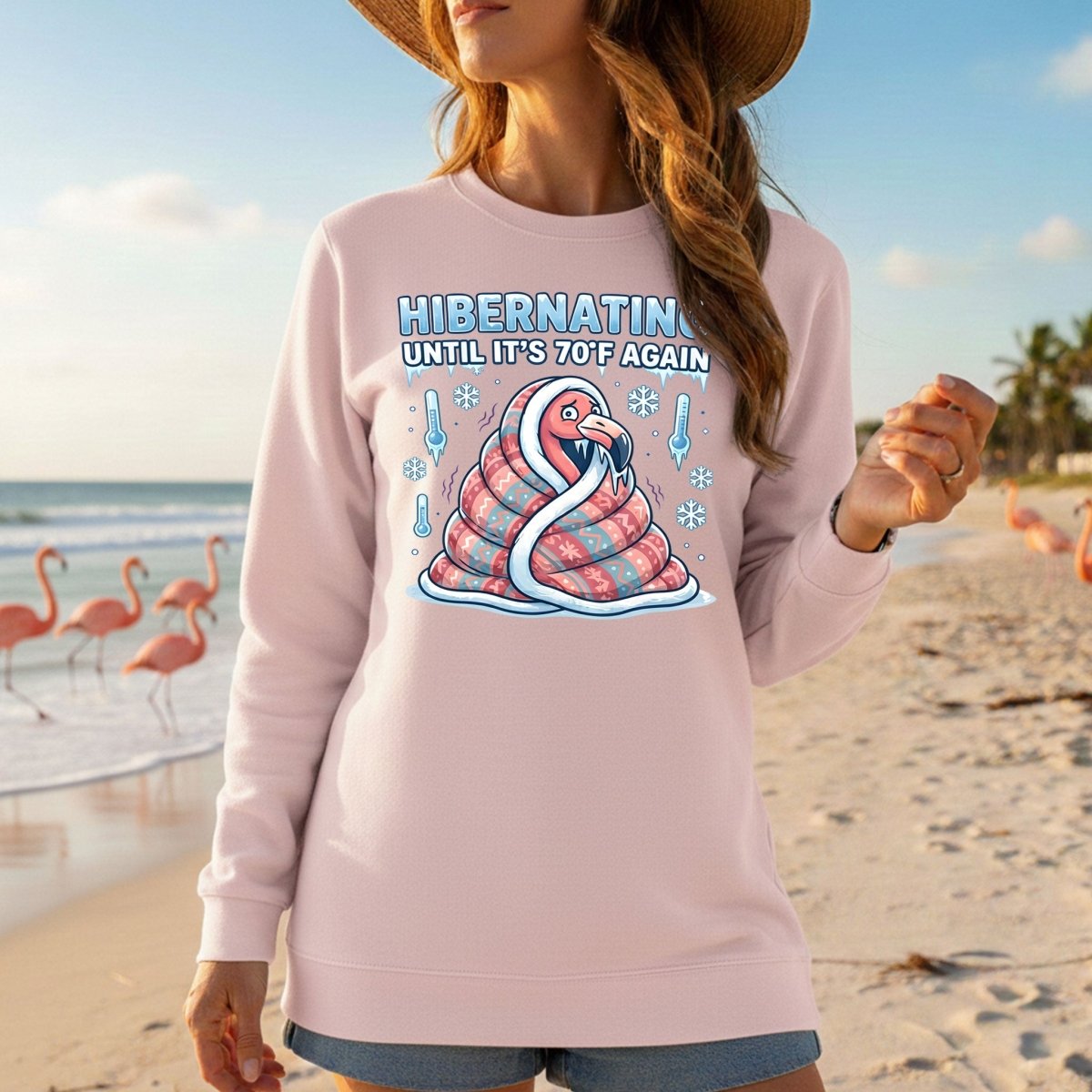 Hilarious Hibernating Flamingo Shirt - Waiting for 70°F Weather Again - FlamingoAholic