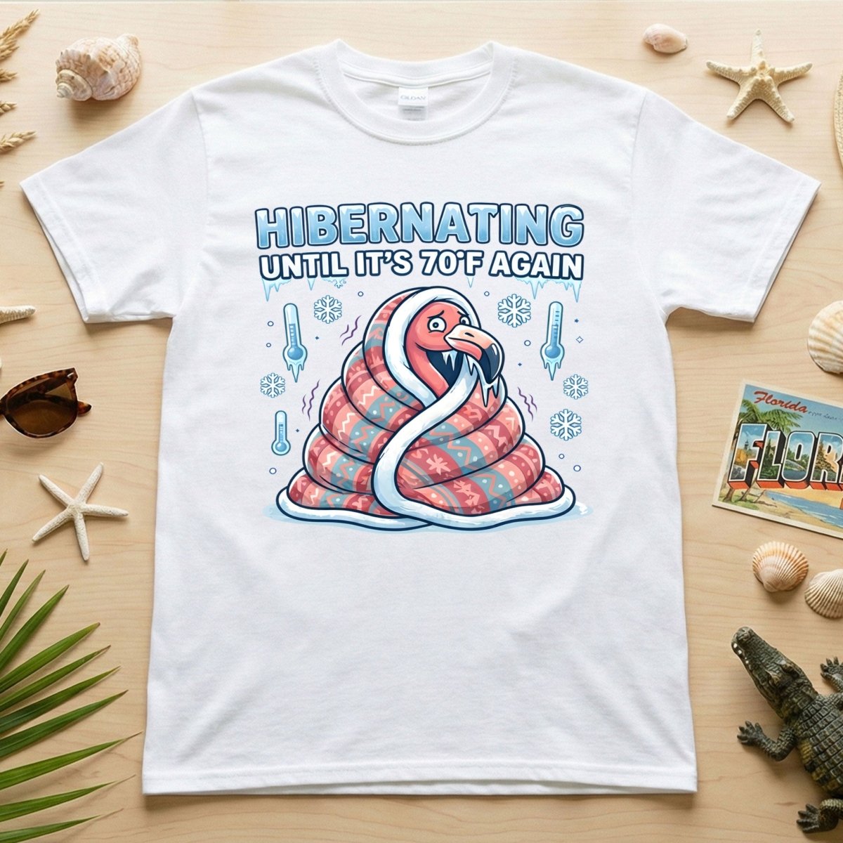 Hilarious Hibernating Flamingo Shirt - Waiting for 70°F Weather Again - FlamingoAholic