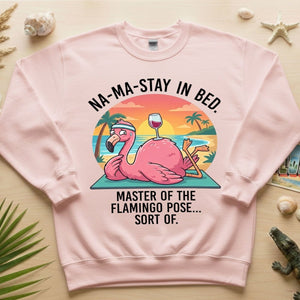 Hilarious "Na - Ma - Stay in Bed" Flamingo Yoga Shirt - Funny Self - Care Graphic Tee for Women - FlamingoAholic