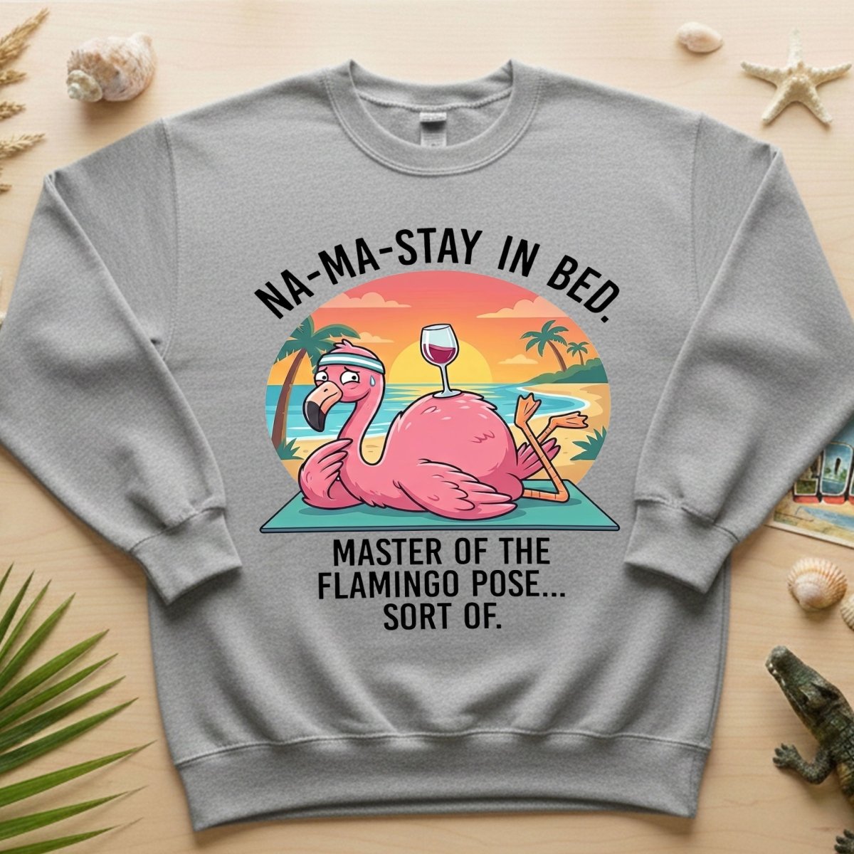 Hilarious "Na - Ma - Stay in Bed" Flamingo Yoga Shirt - Funny Self - Care Graphic Tee for Women - FlamingoAholic