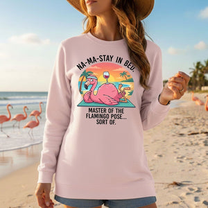 Hilarious "Na - Ma - Stay in Bed" Flamingo Yoga Shirt - Funny Self - Care Graphic Tee for Women - FlamingoAholic