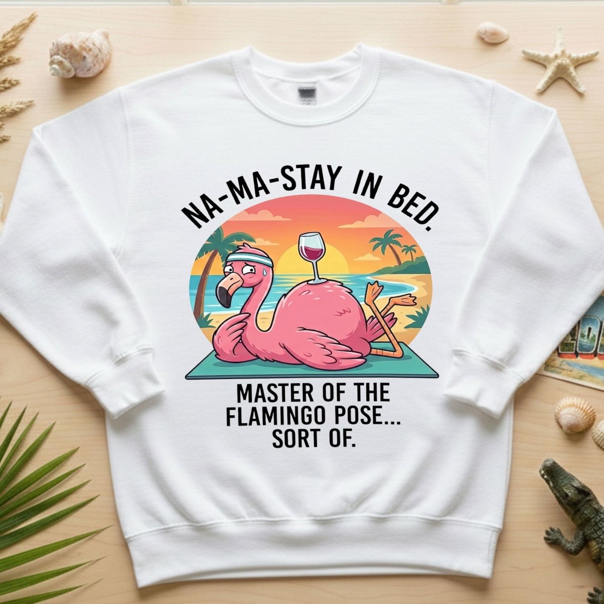 Hilarious "Na - Ma - Stay in Bed" Flamingo Yoga Shirt - Funny Self - Care Graphic Tee for Women - FlamingoAholic
