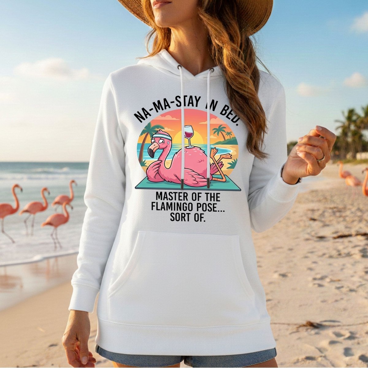 Hilarious "Na - Ma - Stay in Bed" Flamingo Yoga Shirt - Funny Self - Care Graphic Tee for Women - FlamingoAholic