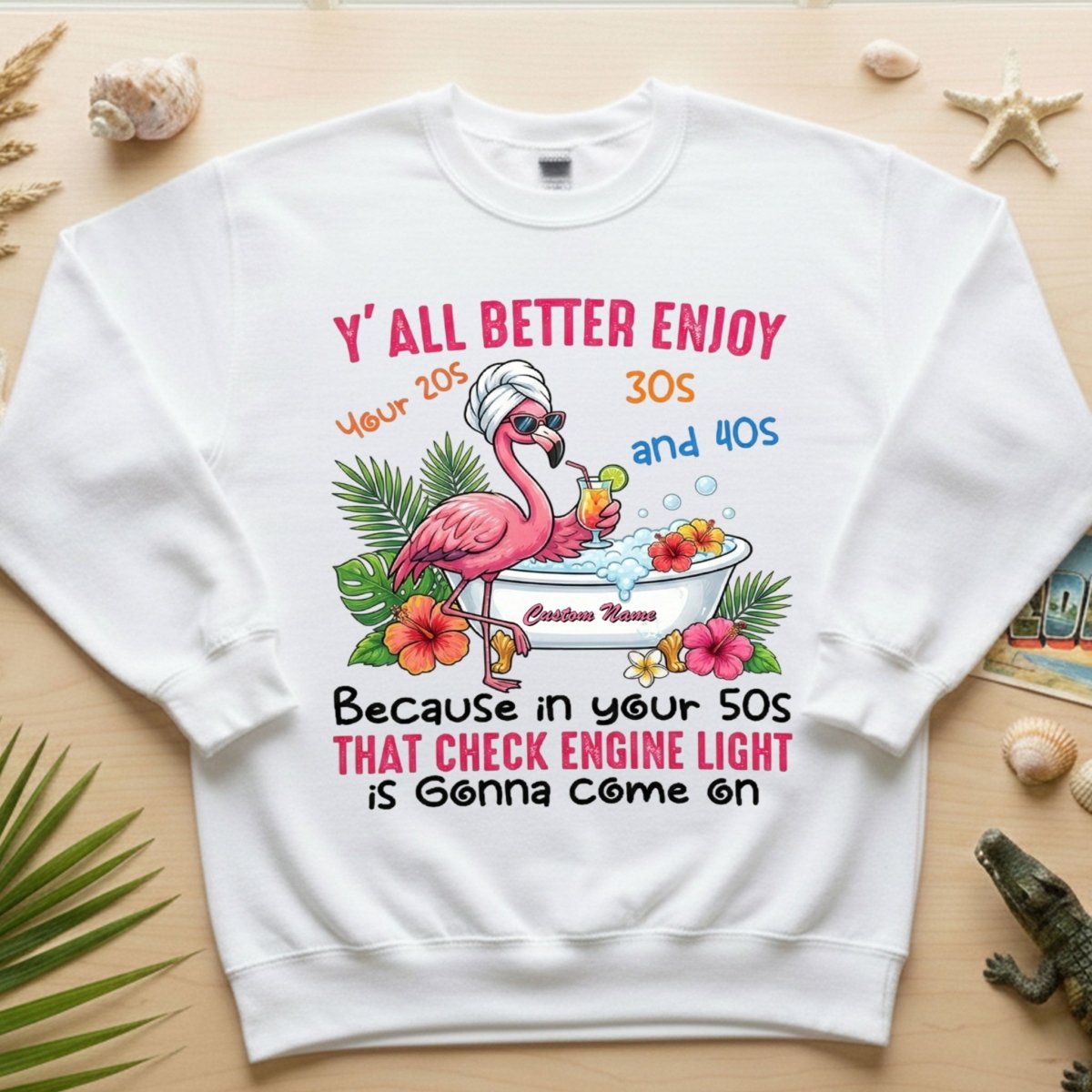 Hilarious Personalized 50th Birthday Flamingo Shirt - Check Engine Light Humor Gift for Her - FlamingoAholic
