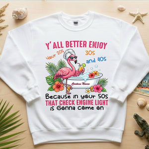 Hilarious Personalized 50th Birthday Flamingo Shirt - Check Engine Light Humor Gift for Her - FlamingoAholic