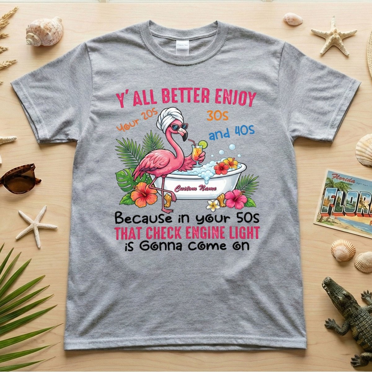 Hilarious Personalized 50th Birthday Flamingo Shirt - Check Engine Light Humor Gift for Her - FlamingoAholic