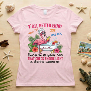 Hilarious Personalized 50th Birthday Flamingo Shirt - Check Engine Light Humor Gift for Her - FlamingoAholic