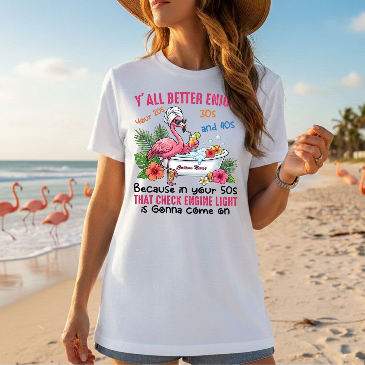 Hilarious Personalized 50th Birthday Flamingo Shirt - Check Engine Light Humor Gift for Her - FlamingoAholic