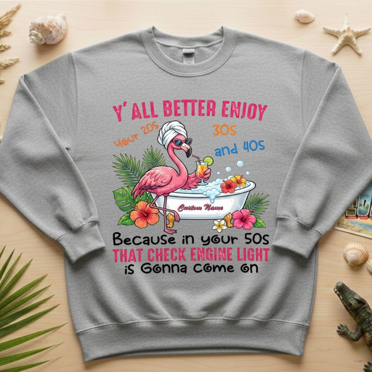 Hilarious Personalized 50th Birthday Flamingo Shirt - Check Engine Light Humor Gift for Her - FlamingoAholic
