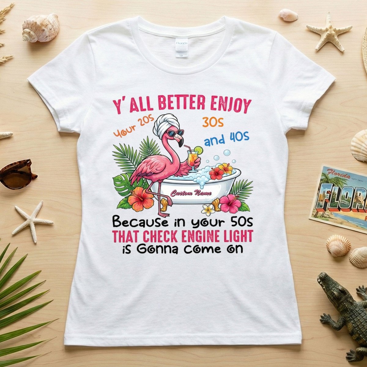 Hilarious Personalized 50th Birthday Flamingo Shirt - Check Engine Light Humor Gift for Her - FlamingoAholic
