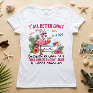 Hilarious Personalized 50th Birthday Flamingo Shirt - Check Engine Light Humor Gift for Her - FlamingoAholic