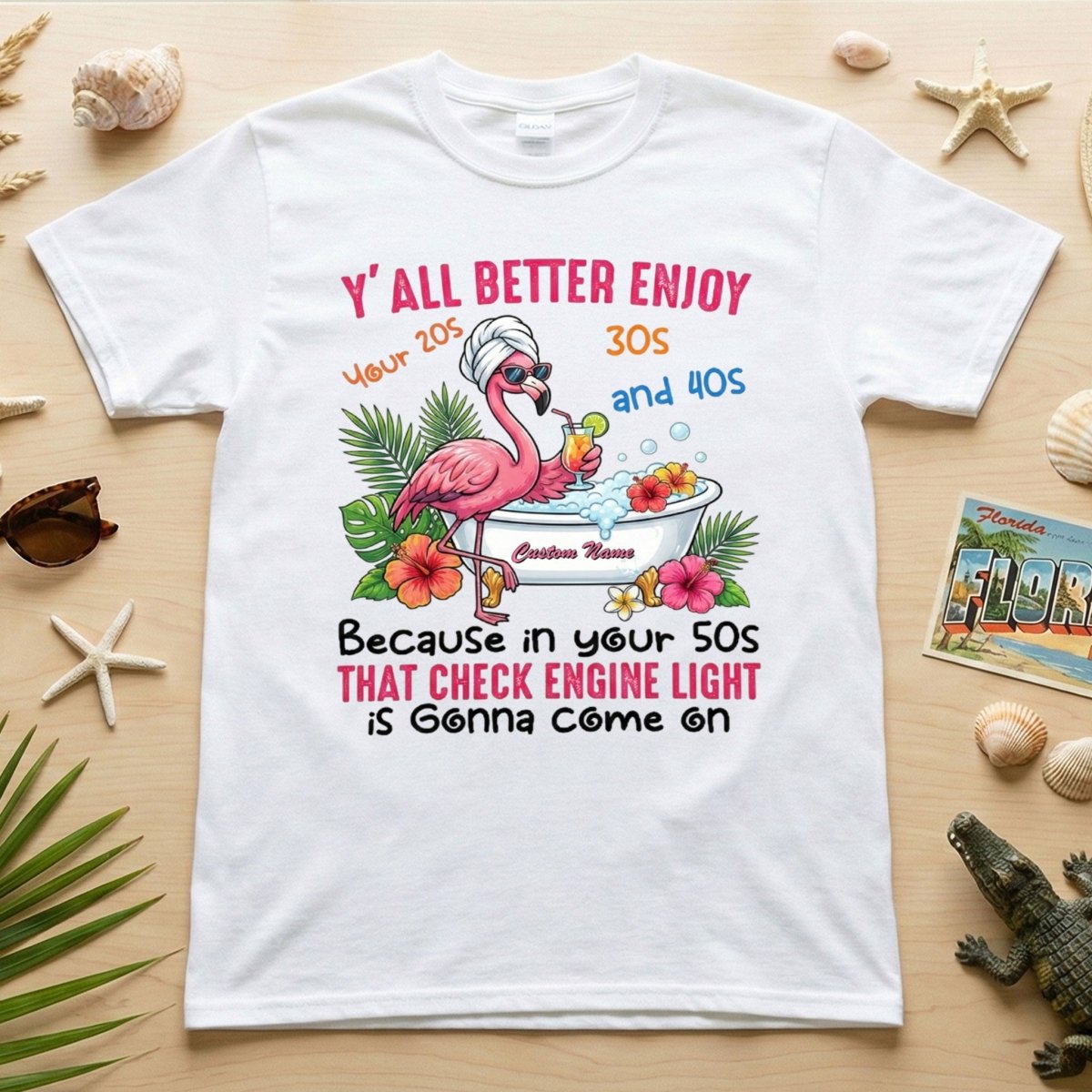 Hilarious Personalized 50th Birthday Flamingo Shirt - Check Engine Light Humor Gift for Her - FlamingoAholic