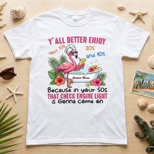Hilarious Personalized 50th Birthday Flamingo Shirt - Check Engine Light Humor Gift for Her - FlamingoAholic