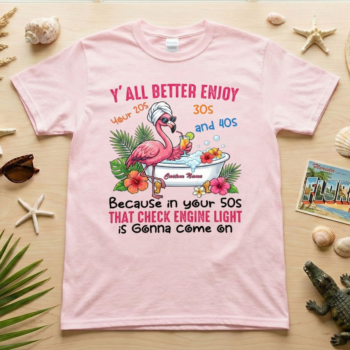 Hilarious Personalized 50th Birthday Flamingo Shirt - Check Engine Light Humor Gift for Her - FlamingoAholic
