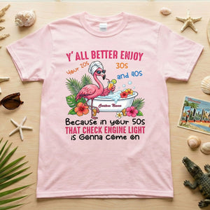 Hilarious Personalized 50th Birthday Flamingo Shirt - Check Engine Light Humor Gift for Her - FlamingoAholic