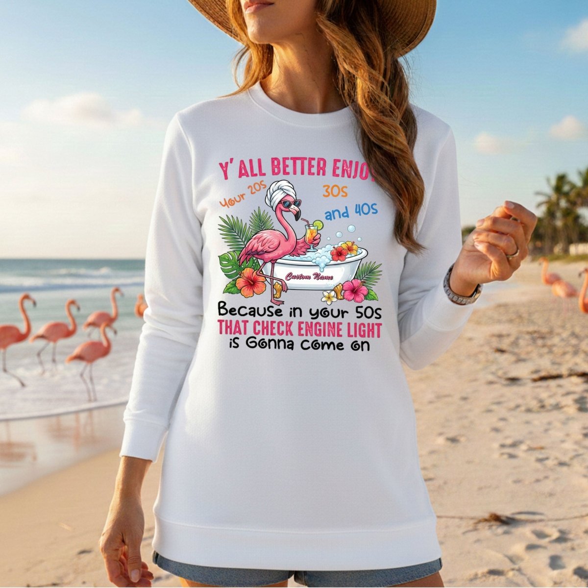Hilarious Personalized 50th Birthday Flamingo Shirt - Check Engine Light Humor Gift for Her - FlamingoAholic