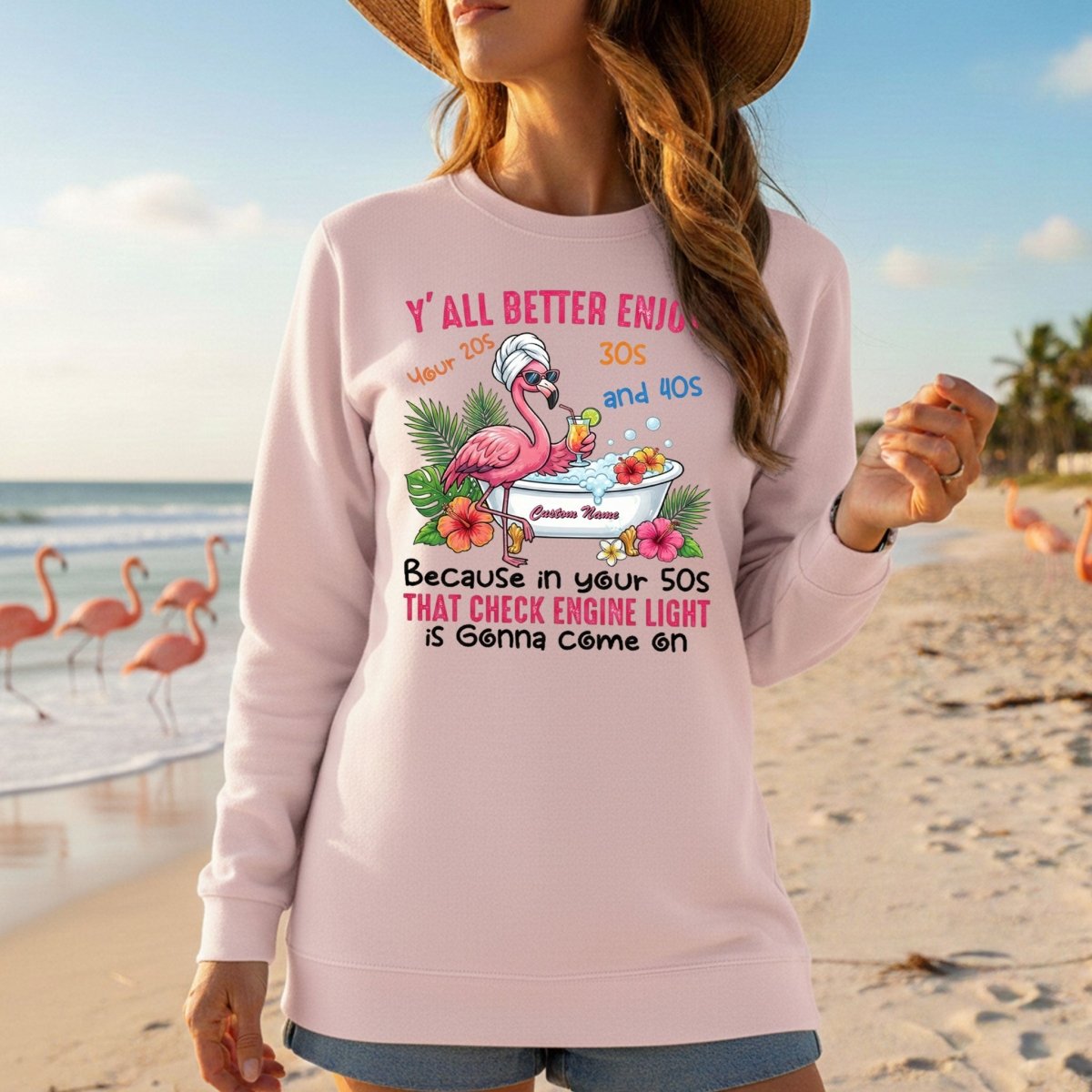 Hilarious Personalized 50th Birthday Flamingo Shirt - Check Engine Light Humor Gift for Her - FlamingoAholic