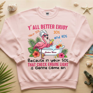 Hilarious Personalized 50th Birthday Flamingo Shirt - Check Engine Light Humor Gift for Her - FlamingoAholic