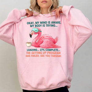 Hilarious Tired Flamingo Coffee T-Shirt - The Ultimate "Getting Up Program Failed" Tee - FlamingoAholic