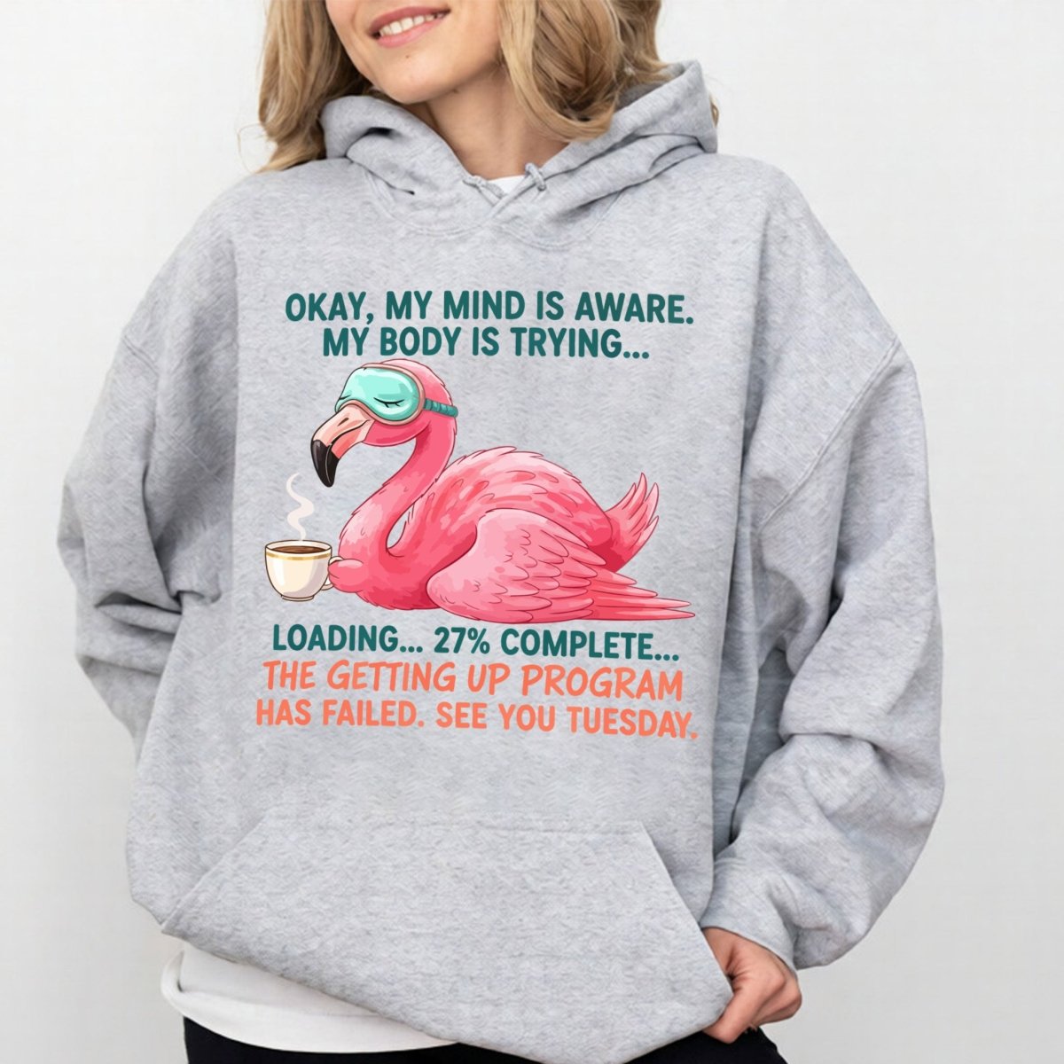 Hilarious Tired Flamingo Coffee T-Shirt - The Ultimate "Getting Up Program Failed" Tee - FlamingoAholic